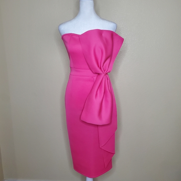 No Brand Strapless Hot Pink Midi Cocktail Dress with Bow, XS - Picture 5 of 10